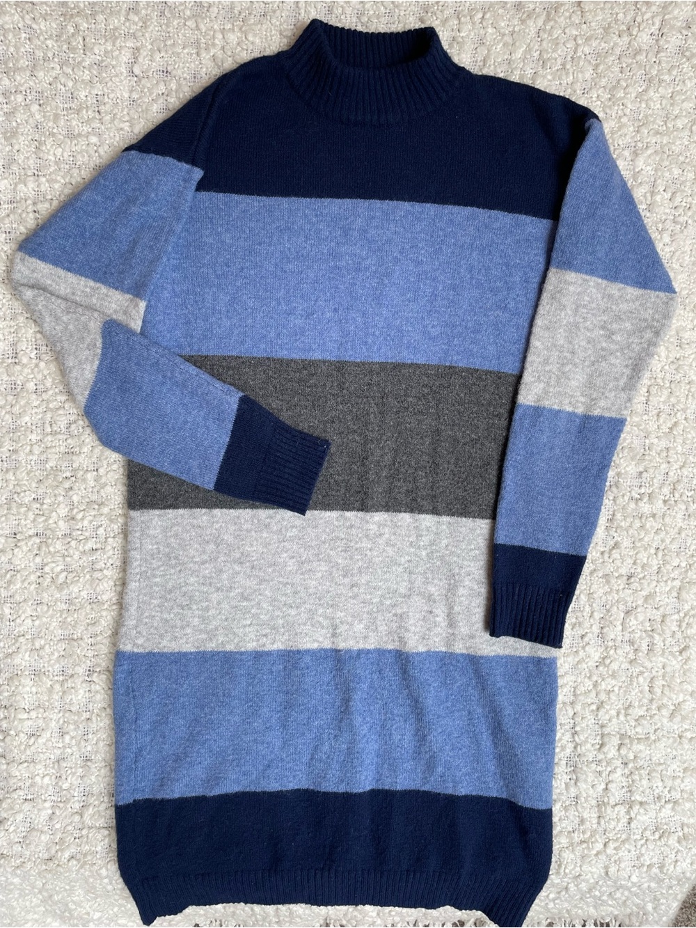 StitchDrop Turtleneck Sweater Dress in Navy, Light Blue & Gray Stripes Women’s M